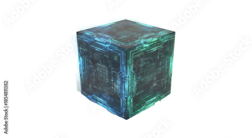 3D cube with glowing blue and green patterns sits centrally on a white background in a digital art setting