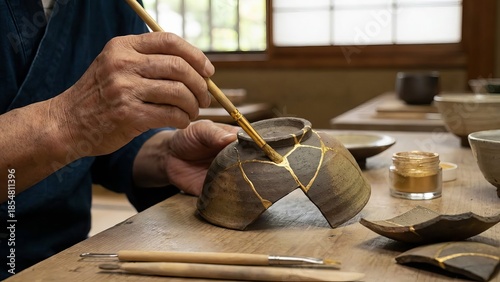 Japanese artisan's hands carefully applying gold lacquer to mend a broken pottery bowl, highlighting the kintsugi art of visible repair and wabi-sabi philosophy