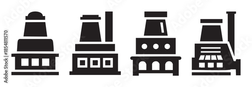 Industrial factories and manufacturing plants with tall smokestacks symbolize production, energy, and economic development in a clean, modern vector illustration.
