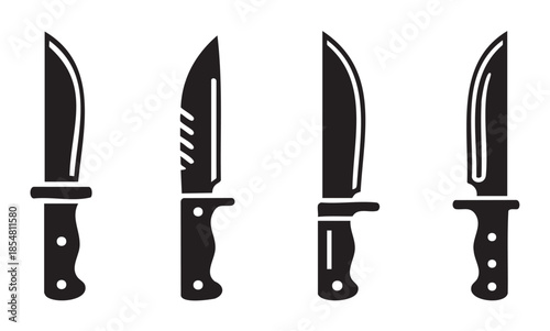 Four distinct combat knives are displayed as black silhouettes, representing various survival and tactical blade designs for outdoor adventures and military themes.