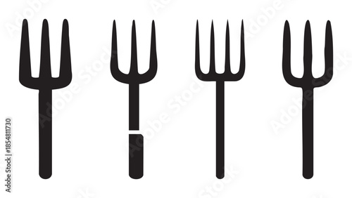 Four black stylized dining forks are arranged in a neat row, presenting a simple graphic illustration of essential kitchen utensils for meals.
