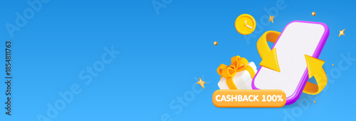 3d phone white with gift box and clock, cashback concept. Horizontal banner for promotion. Stock vector illustration on blue isolated background.