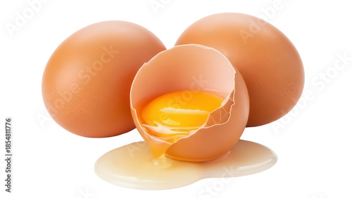 Photography Cracked brown chicken egg with yolk isolated PNG, fresh organic food ingredient