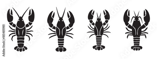 Four black silhouette lobster and crayfish icons, perfect for seafood restaurant menus, marine life illustrations, and gourmet cuisine designs.