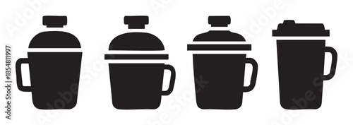 Four black travel mugs with handles and various lids are depicted as simple silhouette icons, representing portable beverage containers for daily use.