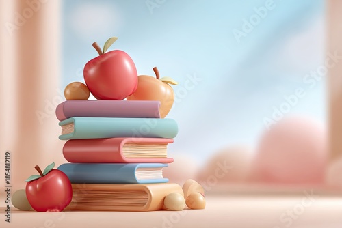 A cheerful stack of colorful books adorned with vibrant apples and rounded shapes on a soft pastel desk setup background representing education and learning.