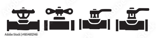 Industrial plumbing pipe valves are depicted as a set of four distinct black silhouette icons representing different control mechanisms.