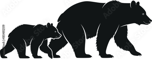 Black silhouette of a mother grizzly bear and her cub walking together isolated on white background, minimalist wild animal vector.
