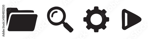 Folder, search, gear, and play button icons represent essential functions for digital interfaces, navigation, and system controls.
