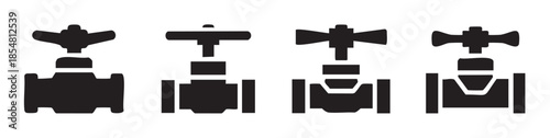 Collection of various industrial valve icons in black silhouette, representing different designs for fluid regulation and control.
