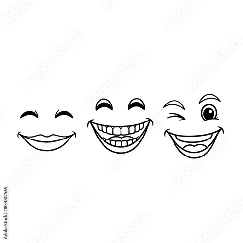 Set of three happy cartoon faces with different expressions depicting joy, laughter, and a wink. Fun emoji for sticker.