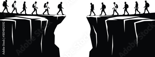Black and white vector illustration, two groups of people walking on cliff edges, facing each other across chasm, symbolizing division, challenge, isolation, separation