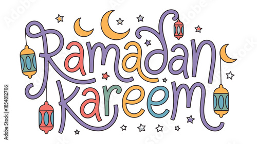 Ramadan Kareem Illustration: A vibrant and colorful illustration, celebrating the Islamic holy month, features elegant typography of 'Ramadan Kareem' intertwined with crescent moons, stars.