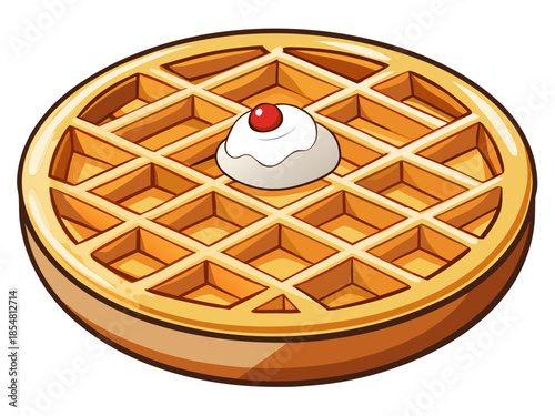 luxury realistic flat illustration of Belgian waffle, crisp grid texture with soft highlights, powdered sugar and fruit accents, elegant flat shading preserving realism, premium dessert artwork