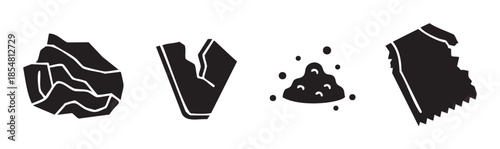 Set of waste and debris icons featuring crumpled paper, broken glass, a pile of small particles, and torn material, symbolizing environmental pollution and refuse.