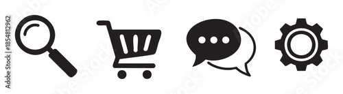 Essential user interface icons for web and mobile applications, representing search, shopping, communication, and settings functions.