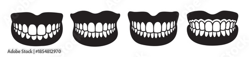 Four stylized dental arches with white teeth in various arrangements, illustrating different aspects of oral health and dental care.