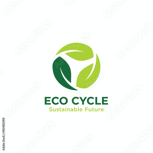 Eco-friendly logo for "Eco Cycle Sustainable Future" featuring three green leaves in a circular motion, symbolizing recycling and sustainability