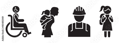 Diverse group of people icons representing various demographics and life stages, including disability, motherhood, labor, and education, depicted as simple black silhouettes.