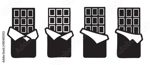 Four delicious chocolate bars partially unwrapped, showcasing their segmented squares in a simple, graphic black and white illustration.