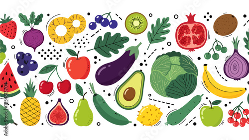 A vibrant, stylized tapestry of fresh produce fills the wide frame, featuring lush green cabbage, tart kiwi, purple eggplant, and sweet berries scattered amidst playful decorative dots and dashes