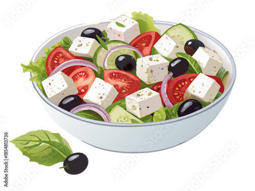 realistic luxury flat illustration of Greek salad, fresh vegetables with crisp color separation, feta cheese cubes and olives, clean flat lighting with realistic volume, premium Mediterranean food