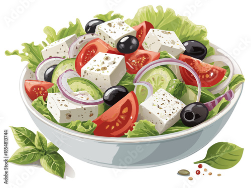 realistic luxury flat illustration of Greek salad, fresh vegetables with crisp color separation, feta cheese cubes and olives, clean flat lighting with realistic volume, premium Mediterranean food