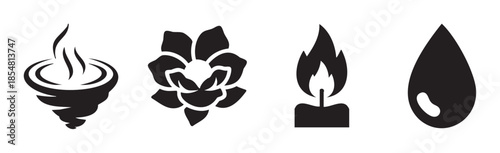 Four elemental icons representing air, earth, fire, and water are depicted as minimalist black silhouettes for various design purposes.