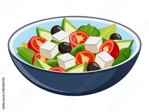 realistic luxury flat illustration of Greek salad, fresh vegetables with crisp color separation, feta cheese cubes and olives, clean flat lighting with realistic volume, premium Mediterranean food