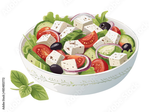 realistic luxury flat illustration of Greek salad, fresh vegetables with crisp color separation, feta cheese cubes and olives, clean flat lighting with realistic volume, premium Mediterranean food