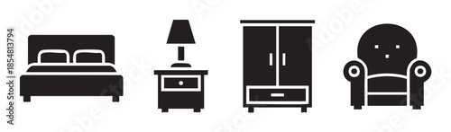 Furniture icons representing essential household items like a bed, nightstand, wardrobe, and armchair, presented as simple black silhouettes for various design applications.