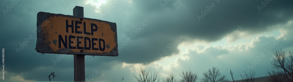 Obraz premium Cloudy sky with a sign that says help needed