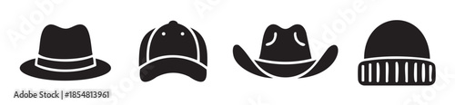 Four different types of hats are represented as black silhouette icons, showcasing a variety of headwear styles for fashion and utility.
