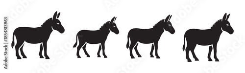 Four black donkey silhouettes are arranged in a horizontal line, showcasing a minimalist and graphic representation of these farm animals.