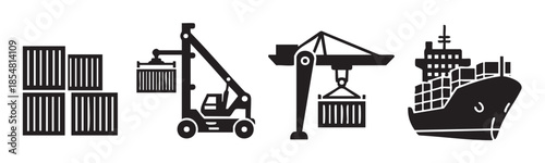 Shipping containers, cranes, and a cargo ship illustrate the global logistics and transportation industry with a clear, modern icon set.