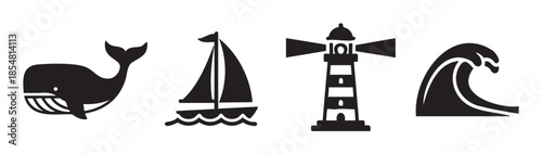 Nautical icons set featuring a whale, sailboat, lighthouse, and wave, representing various elements of marine life and sea travel in a simple graphic style.