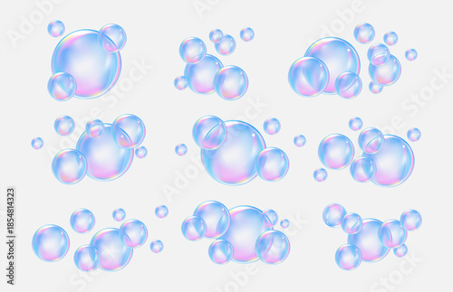 Fizzing air and water pink bubbles with fizzy sparkles on transparent background. Vector texture of bubble gum.