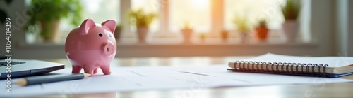 Pink piggy bank sitting on a desk next to a laptop