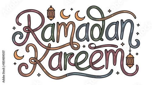 Ramadan Kareem: A vibrant illustration of Ramadan Kareem in elegant calligraphy, decorated with traditional lanterns and crescent moons, evoking the spirit of the holy month.