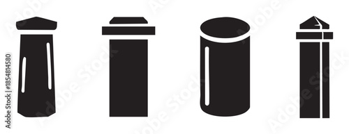 Four different styles of bollards, posts, and pillars are presented as black silhouettes, showcasing various design options for urban and architectural safety.