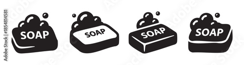 Four distinct soap bar icons with suds and the word "SOAP" on them, symbolizing hygiene, cleanliness, and washing for personal care.