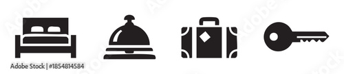 Hotel accommodation service travel key suitcase bell icons representing hospitality, lodging, and journey elements for modern business and leisure concepts.