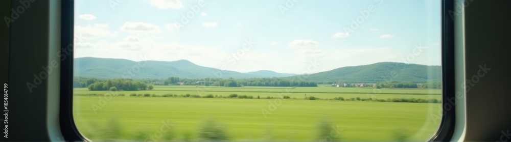 Fototapeta premium A view of a field of grass and mountains from a train window