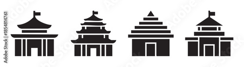 Traditional Asian buildings vector icons representing various architectural styles and cultural landmarks in a simple graphic design for travel and culture concepts.