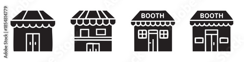 Small business shop booth icons representing various market stalls and retail establishments in a simple black and white graphic design.