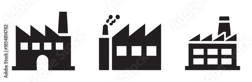 Three factory building icons representing industrial production, manufacturing, and business operations with chimneys and sawtooth roofs in a simple graphic style.