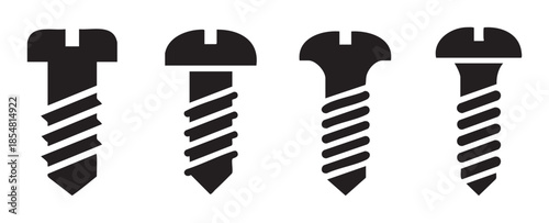 Four black screw icons with various thread designs represent essential construction and repair hardware tools for fastening materials.