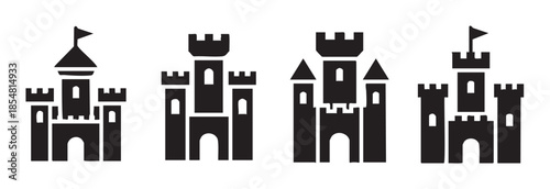 Four different stylized black silhouette castle icons with various designs representing medieval architecture, fantasy, and historical landmarks for graphic design projects.