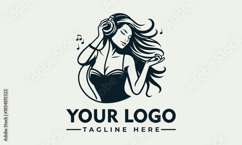 A minimalist vector logo design featuring a woman with flowing hair and headphones listening to music on a clean background with space for a custom logo and tagline.
