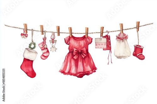 Watercolor Christmas Baby Dress Hanging on Clothesline with Festive Accessories (JPG 300DPI 10800×7200)